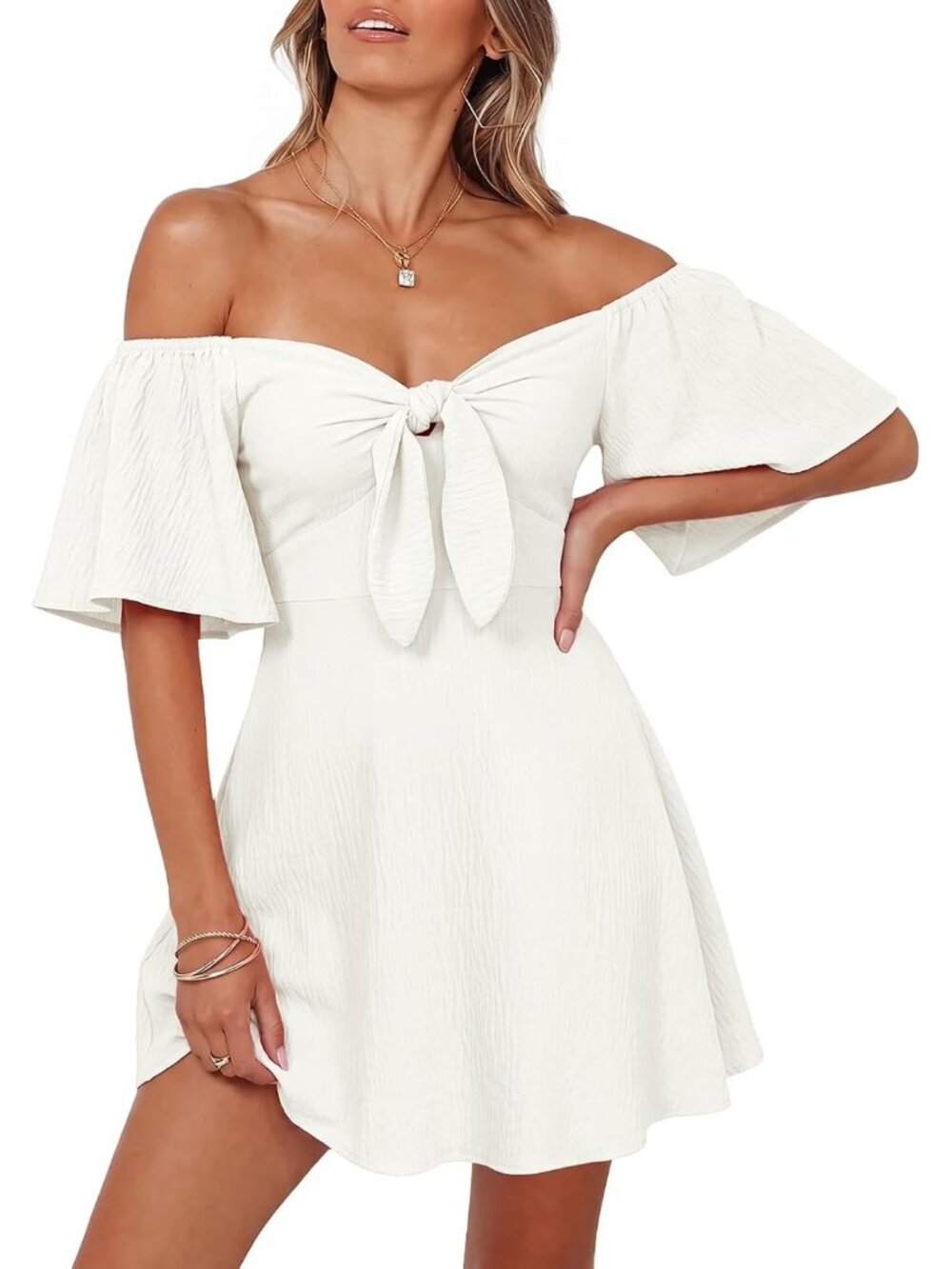 Women's White Summer Deep Short Sleeve V Neck Elegant Bow Tie Mini Party Dresses